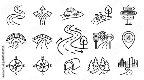 Road Trip Icons: Journey, Navigation, and Exploration Vector Graphics
