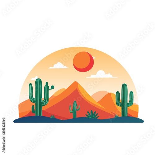 Desert Landscape Illustration with Cactus and Sunset
