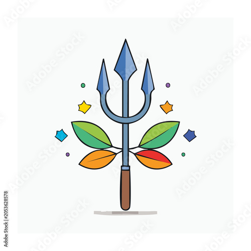 Flat Design Trident with Leaves Vector Illustration