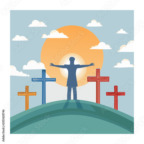 Person Raised Arms with Crosses and Sun Illustration