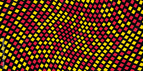Abstract halftone Christmas background with yellow and red geometric squares pattern on black vector.