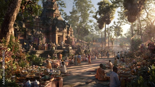 Crowd of people and monks celebrate a traditional festival with food offerings at an ancient temple in Southeast Asia.