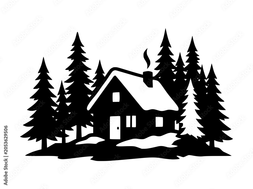 Fototapeta premium Winter cabin in the woods with pine trees silhouette vector