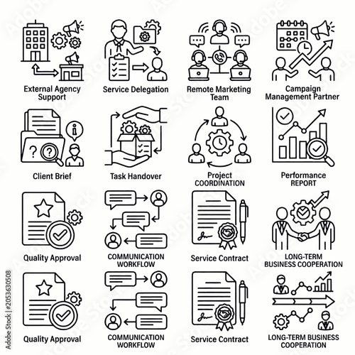 Collection of business icons representing various aspects of project management and collaboration.