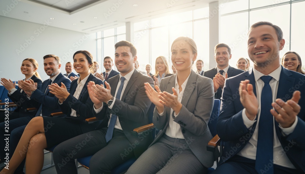 Obraz premium Diverse group of professionals clapping and smiling during a business conference or presentation.