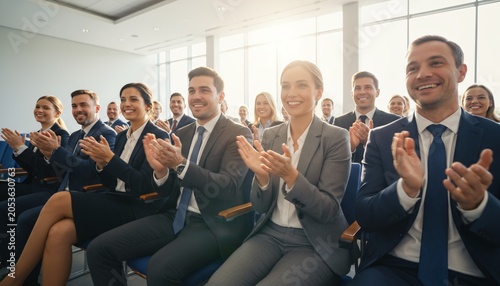 Diverse group of professionals clapping and smiling during a business conference or presentation.
