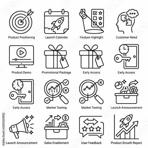 Collection of business icons representing product launch, marketing, and customer engagement strategies.