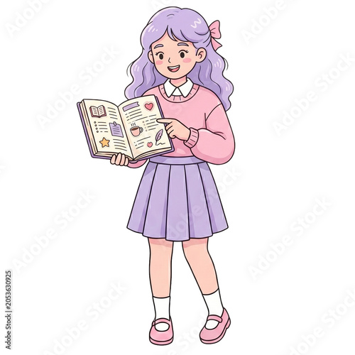 Cute Girl Reviewing Reading Journal, Book Tracker Character, Pastel Reader Clipart