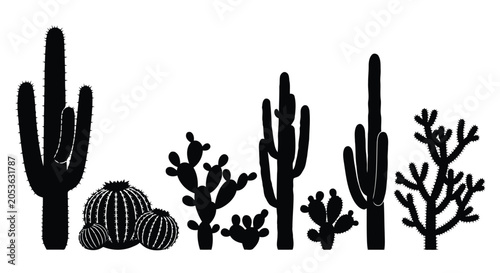 Quadro su tela Black silhouette of various cacti plants