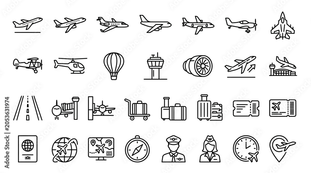Fototapeta premium Airplane Outline Icons Set – 30 Linear Aviation and Aircraft Vector Symbols Collection