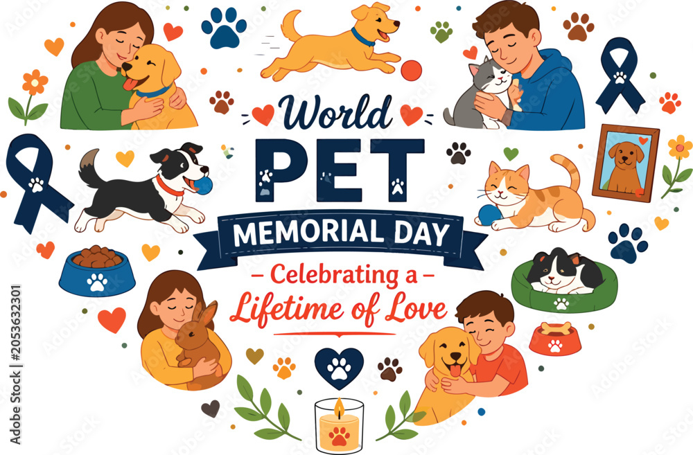 Fototapeta premium World Pet Memorial Day flat vector illustration featuring a framed pet portrait surrounded by flowers, hearts, paw prints, candles, angel wings, and remembrance symbols