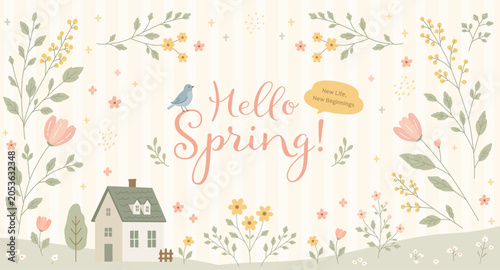 Nordic Style 'Hello Spring' Banner - Cute Hand-drawn Landscape & Floral Frame
