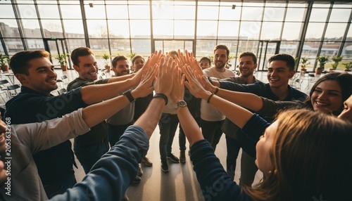 Diverse group of colleagues celebrating success with a high five huddle in a modern office space.