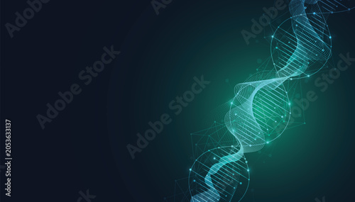 Abstract glowing DNA double helix structure with futuristic digital network node background for science and biotechnology concept.
