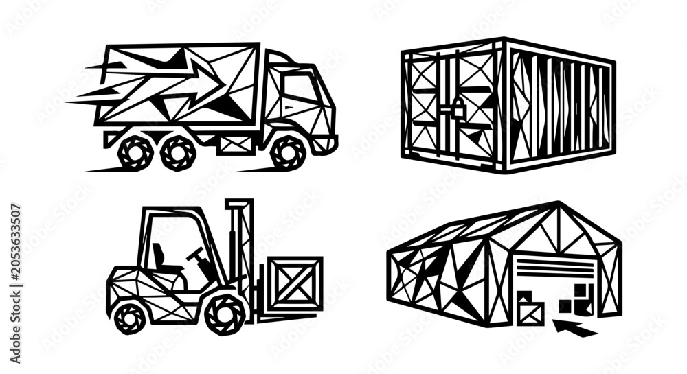 Fototapeta premium Geometric Logistics Icons: Truck, Container, Forklift, Warehouse, Delivery, Shipping, Storage