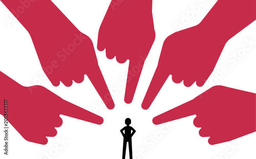 Billede på lærred Illustration of a man standing firm while fingers point accusingly at him