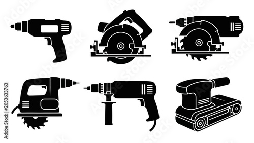 Collection of Black Power Tool Silhouettes on White Background
