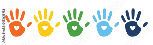 Handprint Symbols Featuring Heart Shapes, Rainbow Palette, and Playful Art Design for Kids Activities