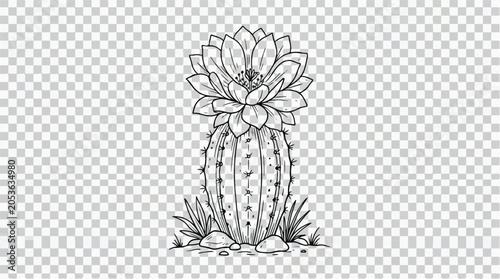 Vintage cactus line art illustration, blooming desert succulent with large flower, hand drawn botanical vector engraving for coloring books