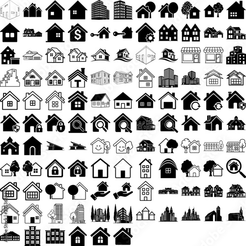Black and white icons of houses and buildings with various symbols  many different styles