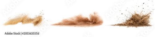 Dust cloud sequence with realistic sand storm and dirt explosion effects isolated on transparent background for environment design works.