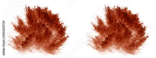 Violent explosion of dark red earth dust creating massive cloud burst of particles isolated on transparent background for creative usage.