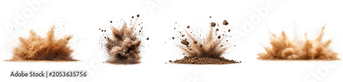 Soil explosion collection with realistic ground impact and sand dust clouds isolated on transparent background for demolition construction.