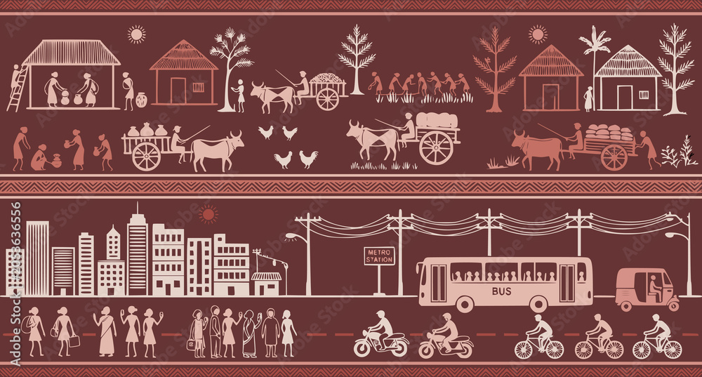 Fototapeta premium A stylized illustration showing the contrast between traditional rural life with bullock carts and modern urban life with vehicles and skyscrapers in a flat, linear, artistic style