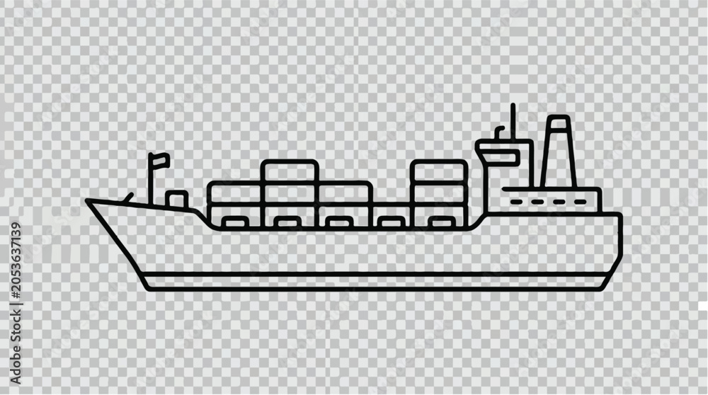 Naklejka premium Cargo ship line icon vector, industrial container ship for global logistics, maritime freight transport vessel outline, commercial shipping boat