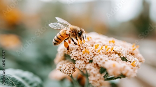A close-up shot captures a bee diligently pollinating a flower, emphasizing the significance of bees in ecosystems and the intricate beauty of nature's relationships.