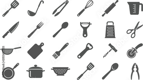 Kitchen utensils collection features various cooking tools including whisks and pans arranged in a structured grid to highlight culinary preparation essentials for restaurant or home cooking concepts.