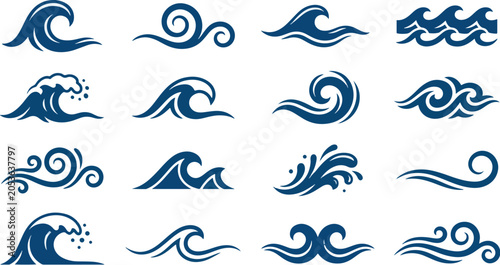 Waves of varying shapes and sizes are depicted as isolated blue illustrations on a plain white background.