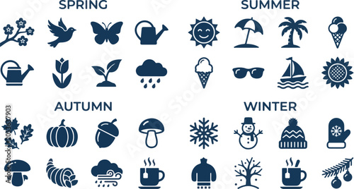 Seasons icons display various symbols representing spring, summer, autumn, and winter cycles in a simple graphic format that provides ample copy space for design projects and seasonal branding needs.