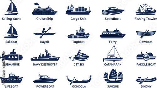 Boats and maritime vessels including yachts, ships, and recreational watercraft are depicted in a stylized icon set for navigation or travel themes. These symbols represent diverse aquatic.