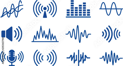 Sound waves and frequency graphs illustrate audio data and signal transmission through a set of technical visual patterns suitable for professional digital media and communication design layouts.