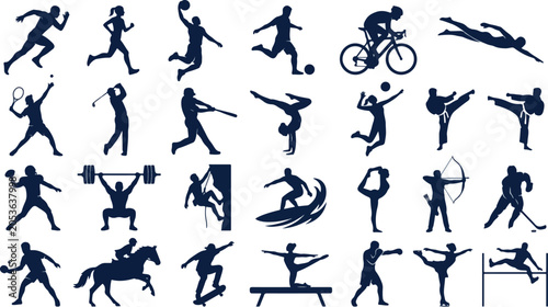 Athletes silhouettes perform various sports activities in a comprehensive collection of dynamic poses illustrating human movement and physical fitness for athletic branding and editorial projects.