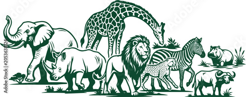 Animals including a giraffe, elephant, lion, rhinoceros, zebra, and water buffalo represent a diverse collection of wildlife species gathered together in a stylized, monochromatic graphic.