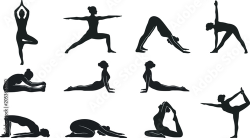 Yoga poses performed by a silhouette of a woman demonstrate various physical exercises and mindfulness techniques for a healthy lifestyle.