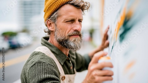 A focused man meticulously paints a bright mural on an outdoor wall, showcasing his artistic talent and creativity against the backdrop of a lively urban environment. Art in action.