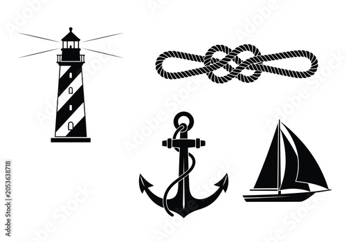 Nautical icons set with lighthouse anchor sailboat and rope