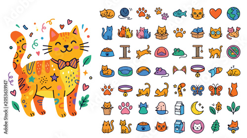 Hand drawn cat icons and kitten character set, colorful doodle pet elements for veterinary branding, 50 vector feline illustrations in flat line art style