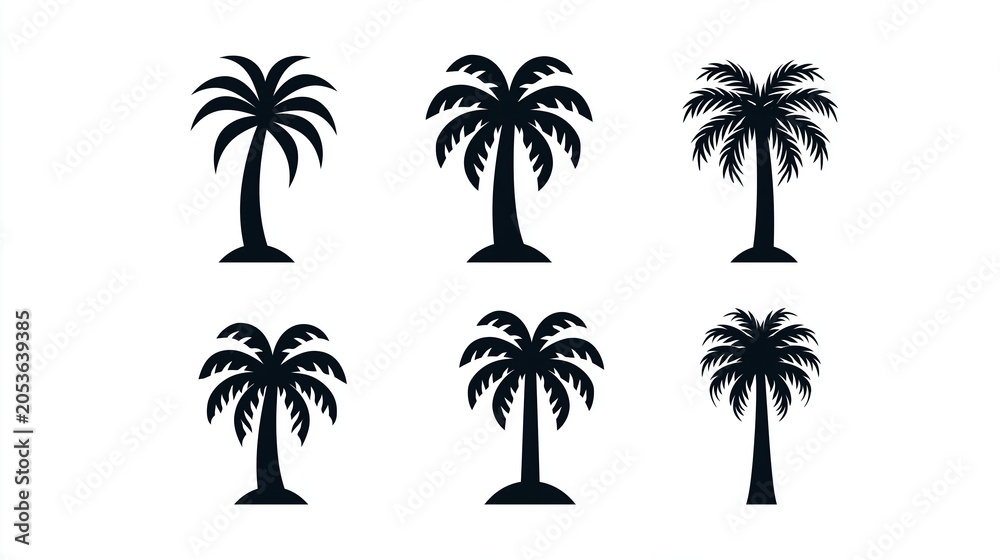 Naklejka premium A set of black palm tree silhouettes on a white background for design and decoration