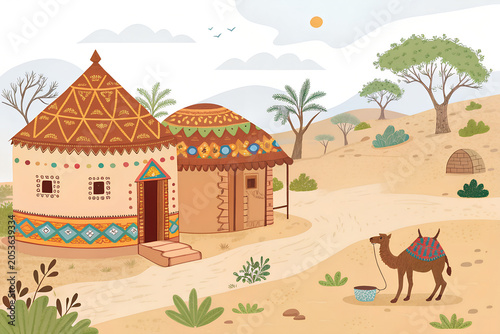 Kutch cultural landscape, clean vector illustration