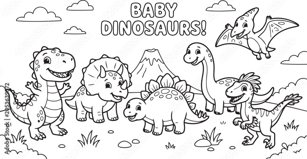 Obraz premium Cute baby dinosaurs coloring page featuring Tyrannosaurus, Triceratops, Stegosaurus, Brachiosaurus, Velociraptor and Pterodactyl for kids