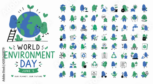 Foto World Environment Day June 5 Illustration Set, 63 Eco Friendly Doodle Icons, Sus