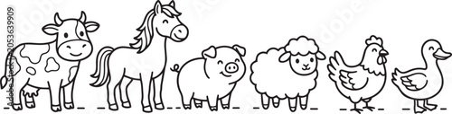 Konstfotografi Cute farm animal coloring page vector set featuring cow, horse, pig, sheep, chic