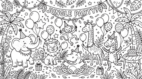 Photography Cute jungle party coloring page vector illustration featuring safari animals, ba