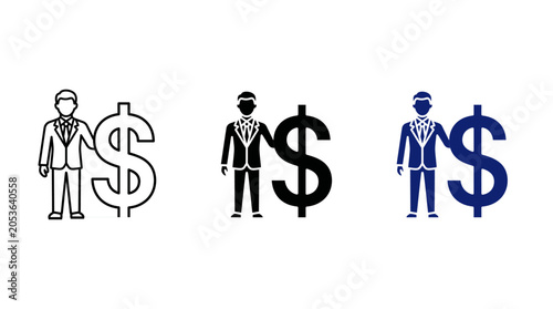 Businessman standing next to big dollar currency sign for financial advisor and wealth management icon set