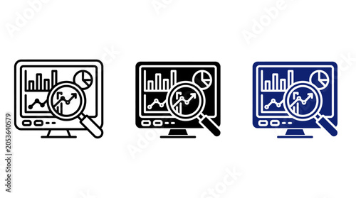 Computer monitor screen with financial dashboard charts and magnifying glass for data analysis icon set