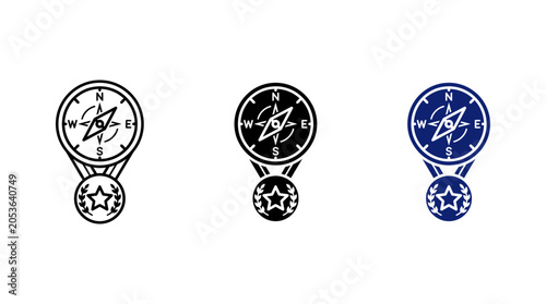 Navigation Compass with Star Medal Ribbon Icon Set in Three Styles